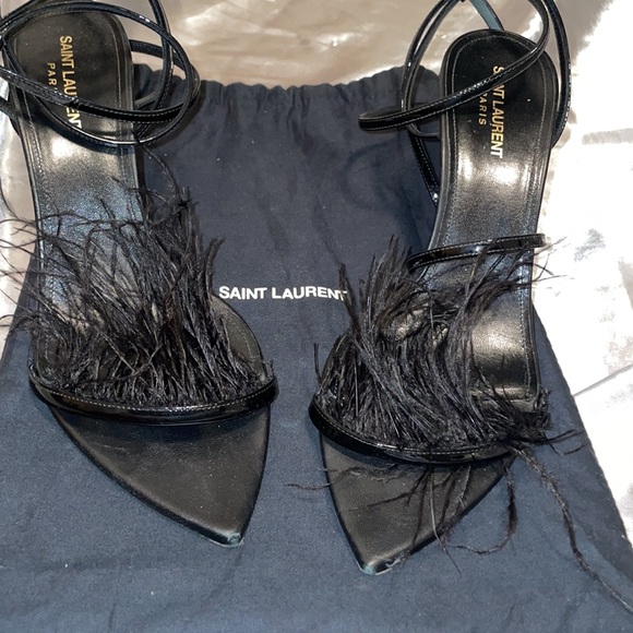 Saint Laurent  Black Patent Ostrich Feathers Ankle Strap Sandals Size 41 - Picture 2 of 8